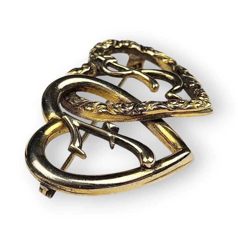Vintage Sweetheart Brooch F S Initial Entwined Hearts Gold Plated 1940s 1.5
